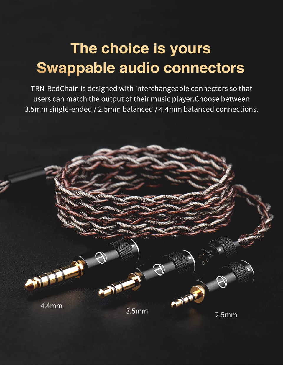 TRN RedChain Upgrade Cable Silver-Plated Copper OFC Copper Earphone Cable with Swappable 2.5mm 3.5mm 4.4mm Connectors for TRN IEM Headphones