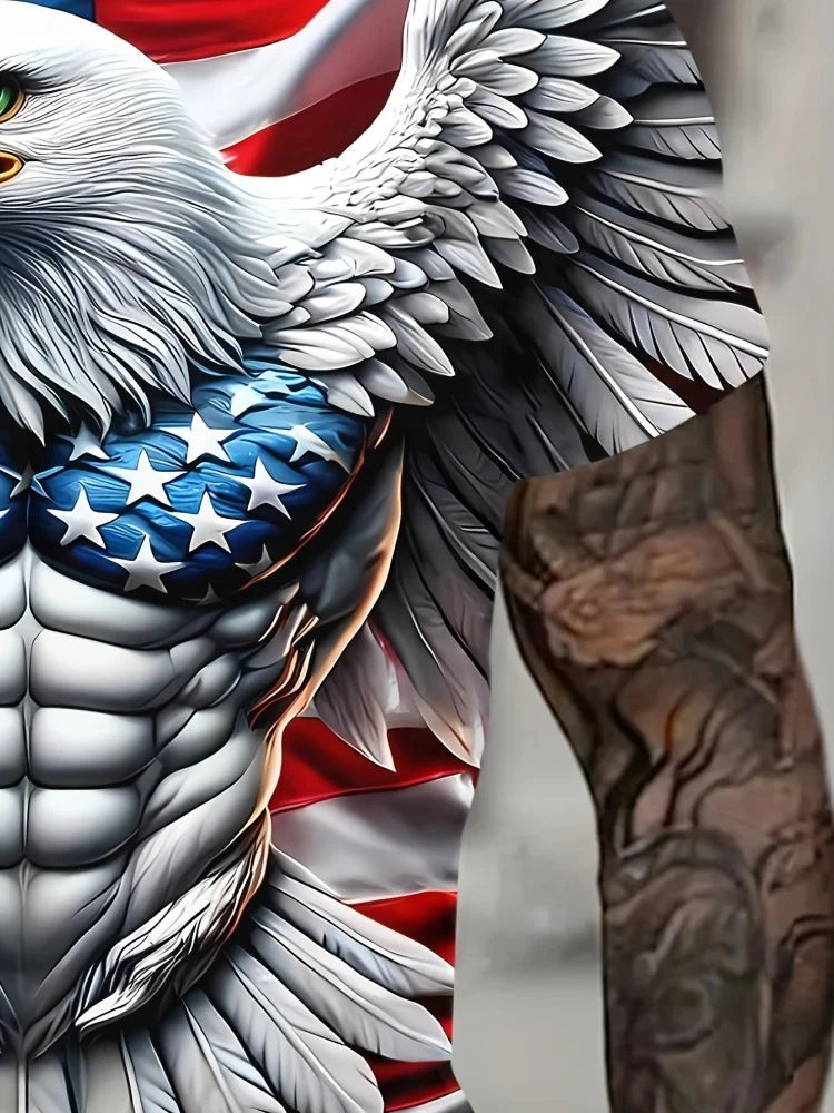 Men's Patriotic 3D Eagle Print T-Shirt Casual Crew Neck Short Sleeved Pullover for Summer Fashion Outdoor Activities Men Clothes