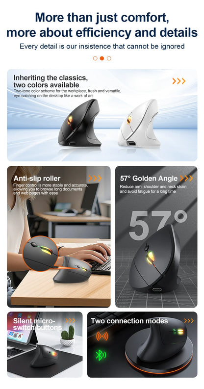 NexusClick Bluetooth Wireless Vertical Mouse, Rechargeable Ergonomic Mouse with 2.4G & Bluetooth, 1600 DPI Adjustable Silent Wireless Mouse for Laptop & PC