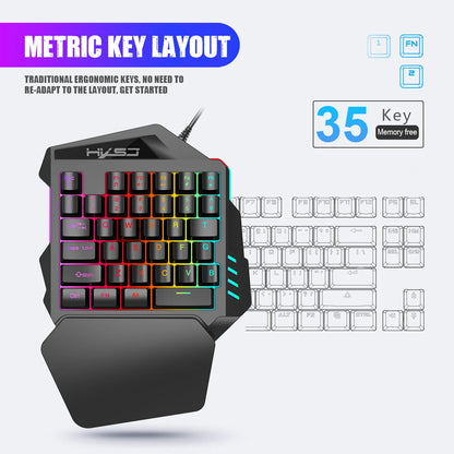 Ergonomic One-Handed Gaming Keyboard, 35-Key Compact Design, RGB Lighting, USB Powered, Thin Film Keys for Enhanced Gaming