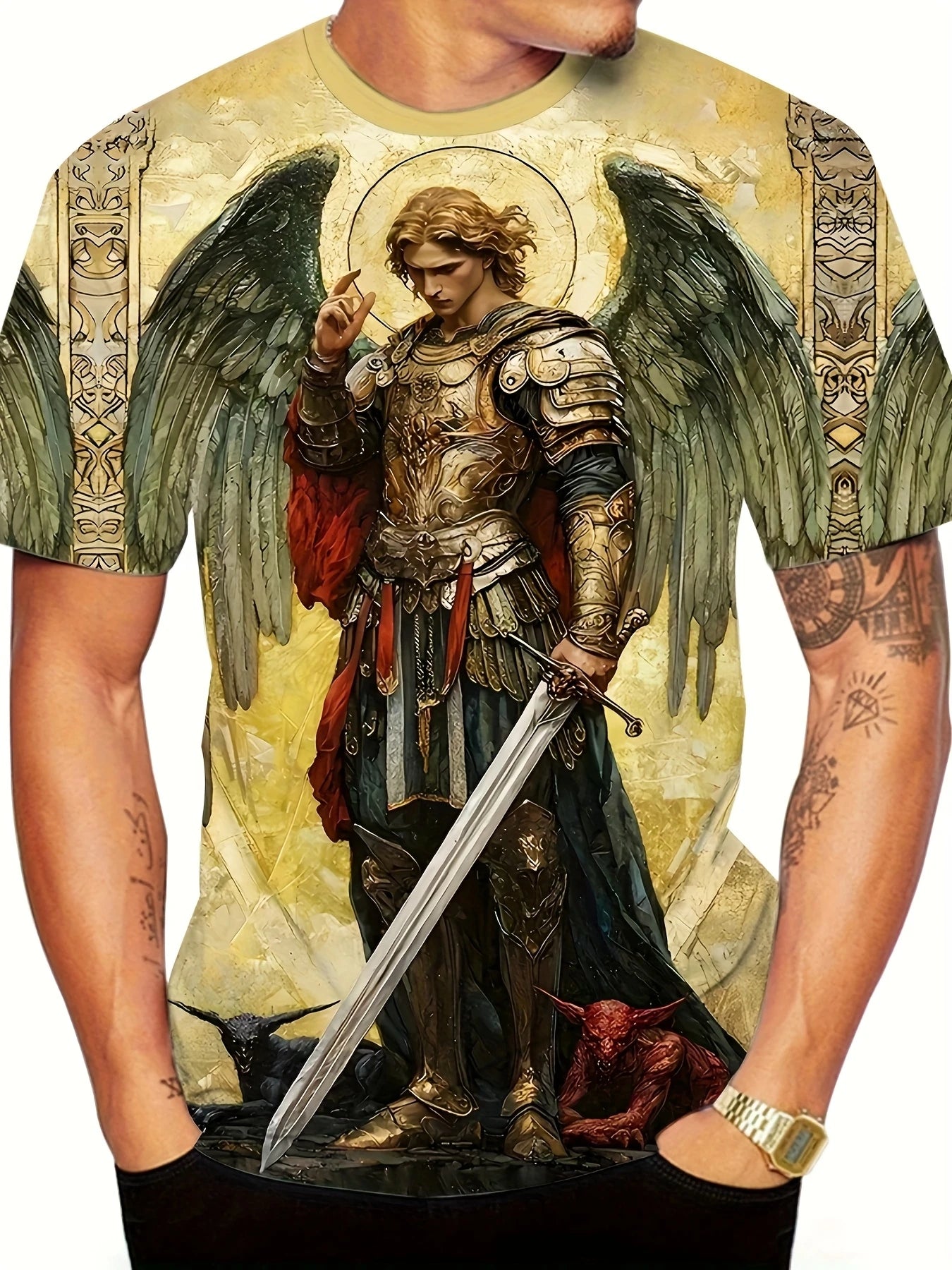 Mens 3d Angel Warrior Graphic T Shirt Golden Sword Design 3D Printed Tshirt For Men Clothes Wing Ornate Border Unisex Tee Tops