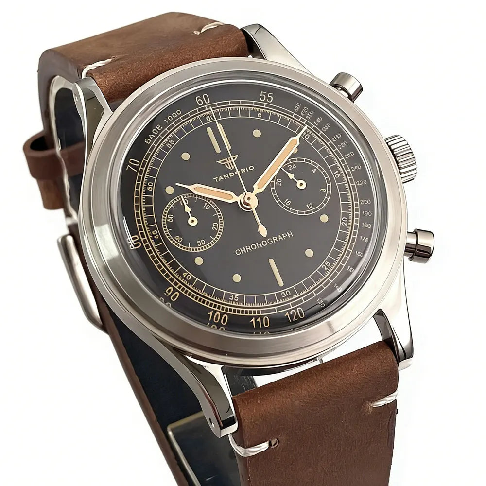 38mm Tandorio Retro Men's Watch Sport Watches Miyota OS20 Movement Chronograph Quartz Clock Black Dial Bubble Arched Glass
