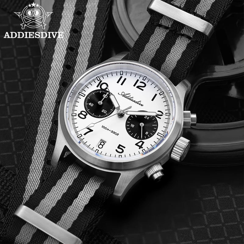 ADDIESDIVE 2025 New Panda Eye Men's Watches Retro Luxury VK64 Quartz Watch For Men Sport Chronograph 100M Waterproof Luminous