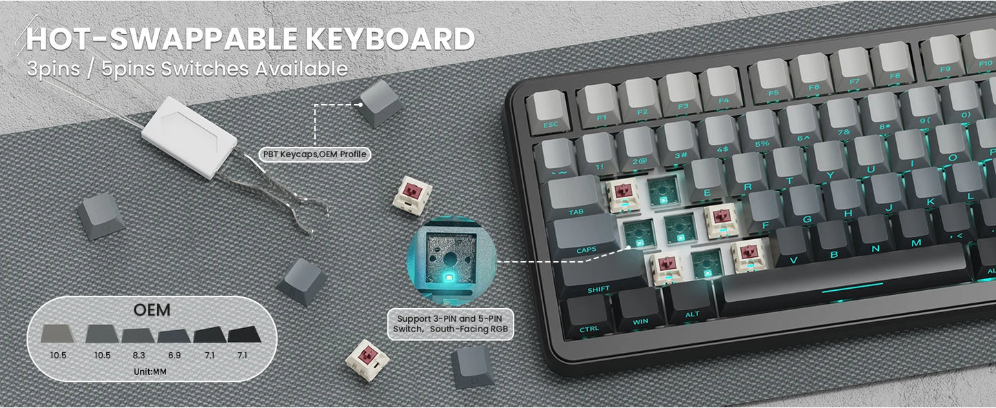 ATTACK SHARK M86 Wireless Mechanical Gaming Keyboard, 75% Gasket Hot Swappable RGB Mechanical Keyboard with Side-Printed PBT Keycaps, Tri-Mode Custom Gaming Keyboard