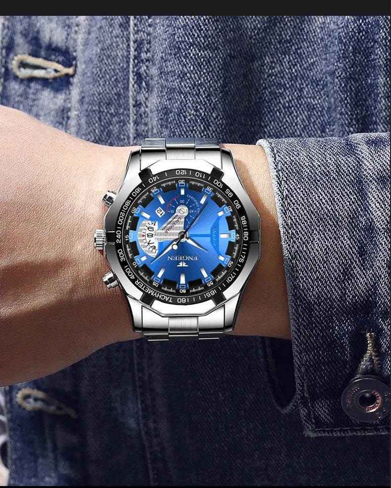 BINBOND luxury quartz wristwatch for men, luminous, water-resistant, automatic date, stainless steel
