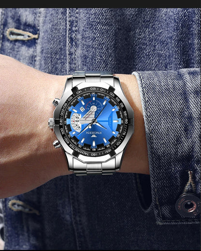 BINBOND luxury quartz wristwatch for men, luminous, water-resistant, automatic date, stainless steel