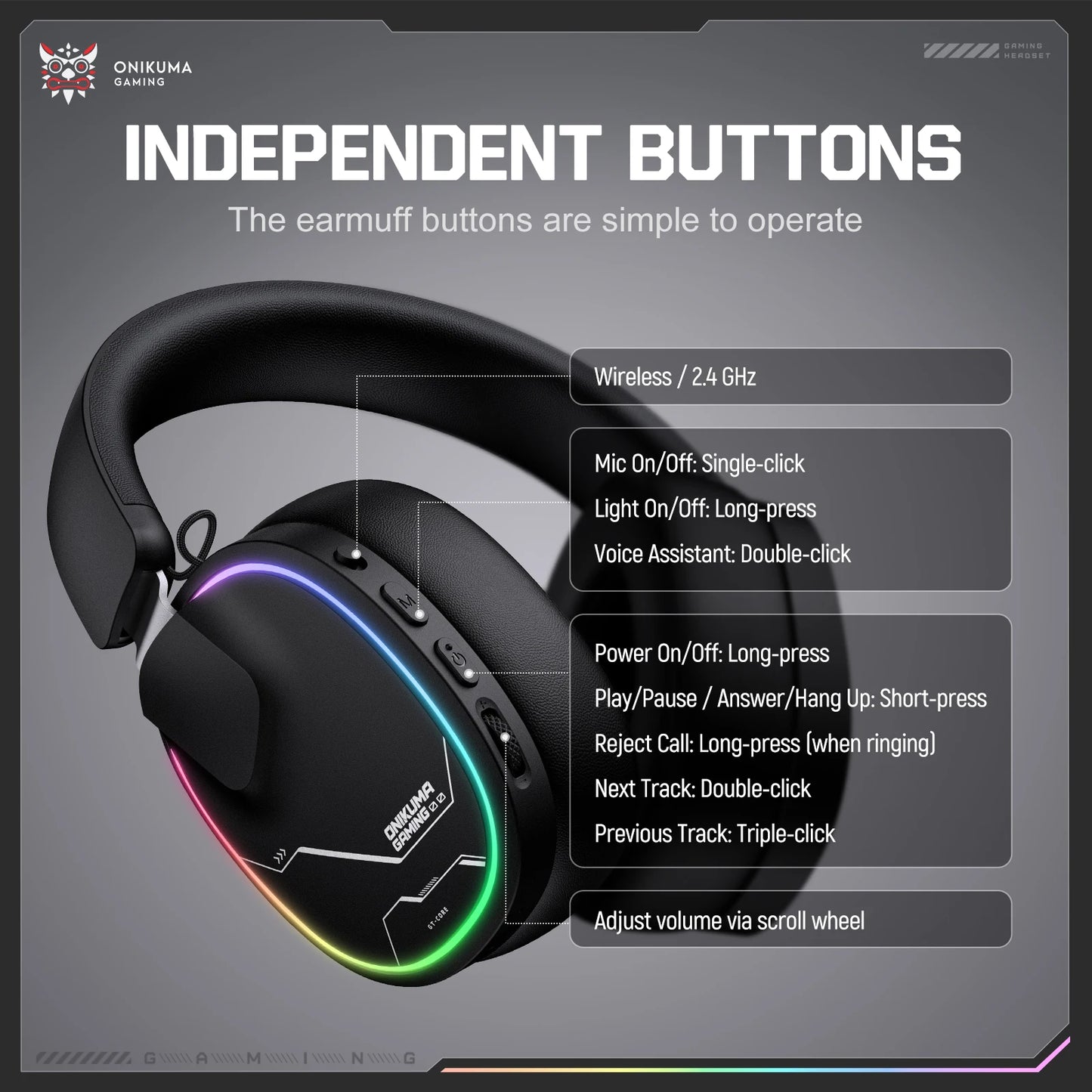 ONIKUMA GT808 Wireless Gaming Headset with 45dB Active Noise Cancelling, Hi-Res Audio, 2.4GHz, Bluetooth 5.3, Wired, 60H Battery for PC, PS5 & Switch