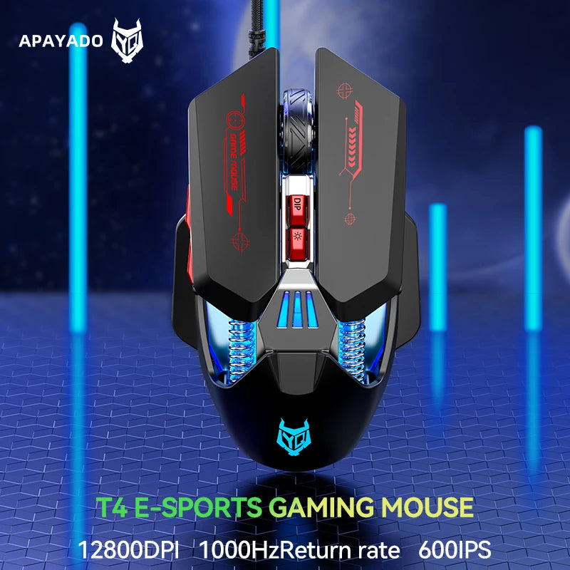 APAYADO T4 Wired Gaming Mouse 12800 DPI RGB Gaming Mouse with 1000Hz Polling Rate, Ultra-Light Cable, 60IPS Precision Mouse for PC & Laptop