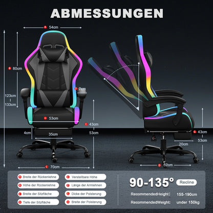 Devoko RGB Gaming Chair Ergonomic Fabric Gaming Chair with Footrest, Adjustable Headrest, LED Lights, Reclining Office Computer Gaming Chair
