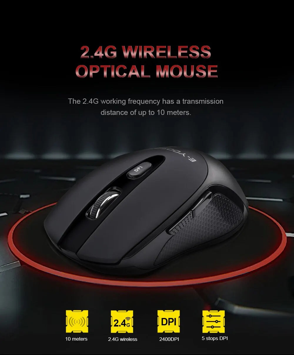E-YOOSO E-1020 Wireless Gaming Mouse 2400 DPI Silent Click Ergonomic USB Mouse for Laptop PC Computer, 2.4G Wireless Optical Mouse