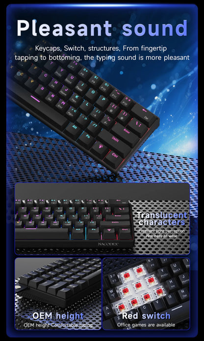 Ajazz NK61 Wired Mechanical Gaming Keyboard with full-key hot-swappable switches  RGB lighting effects 61 keys red switches