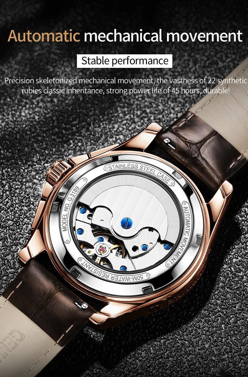 OUPINKE 3189 Classic Men's Watch Leather Strap Waterproof Moon phase Top Brand Automatic Mechanical Men's Wristwatch