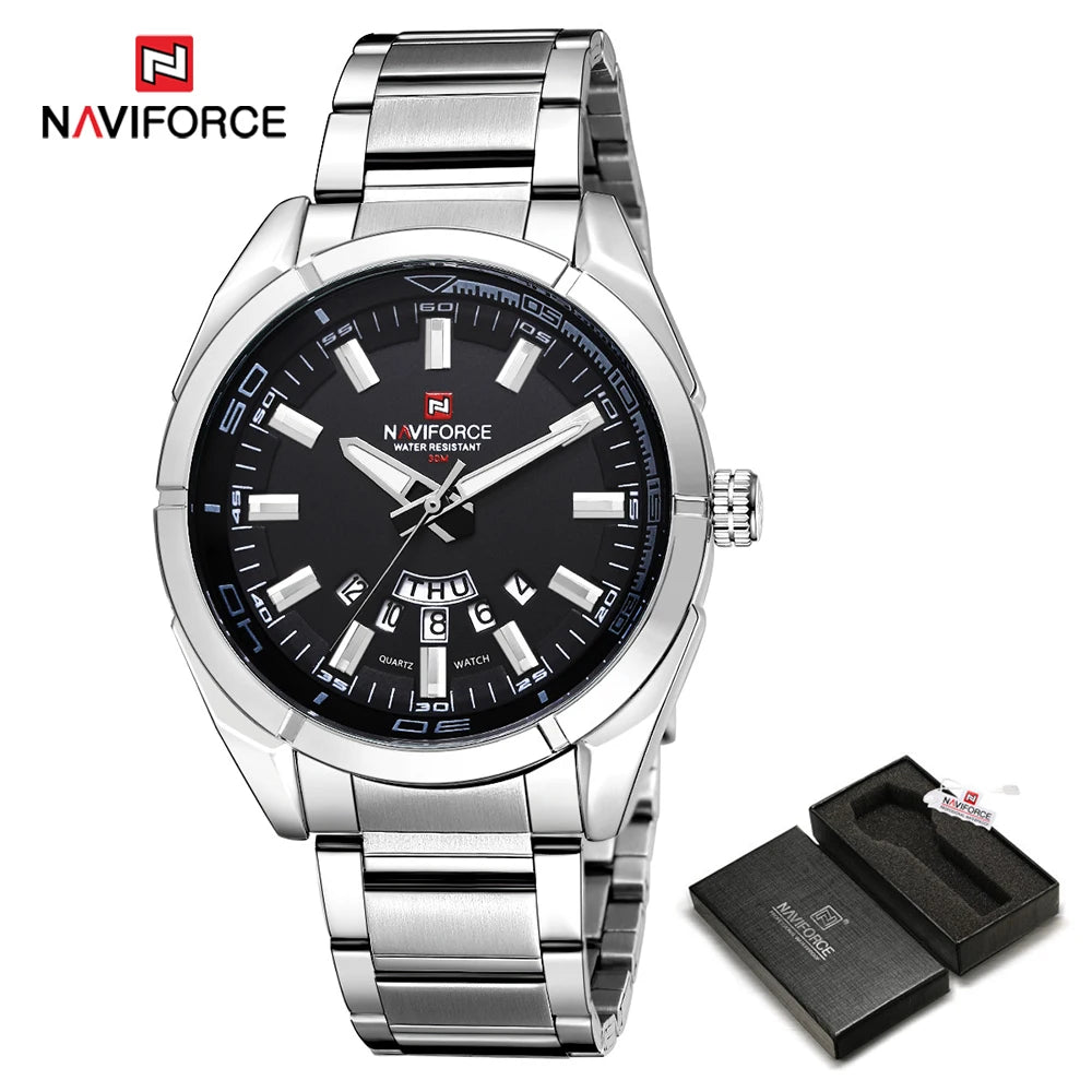 Ceas pentru bărbați NAVIFORCE, realizat integral din oțel, rezistent la apă, stil casual, mecanism cu cuarț și afișaj al datei – Ceas de mână de lux pentru bărbați, de la o marcă de renume.
