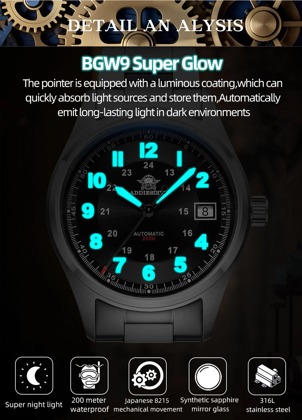 ADDIESDIVE AD2525 Automatic Watches For Men 39mm Sapphire Japanese 8215 Mechanical Watch Waterproof 20Bar Luminous Luxury Watch
