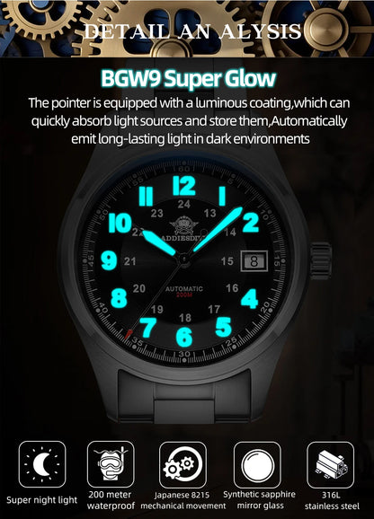 ADDIESDIVE AD2525 Automatic Watches For Men 39mm Sapphire Japanese 8215 Mechanical Watch Waterproof 20Bar Luminous Luxury Watch