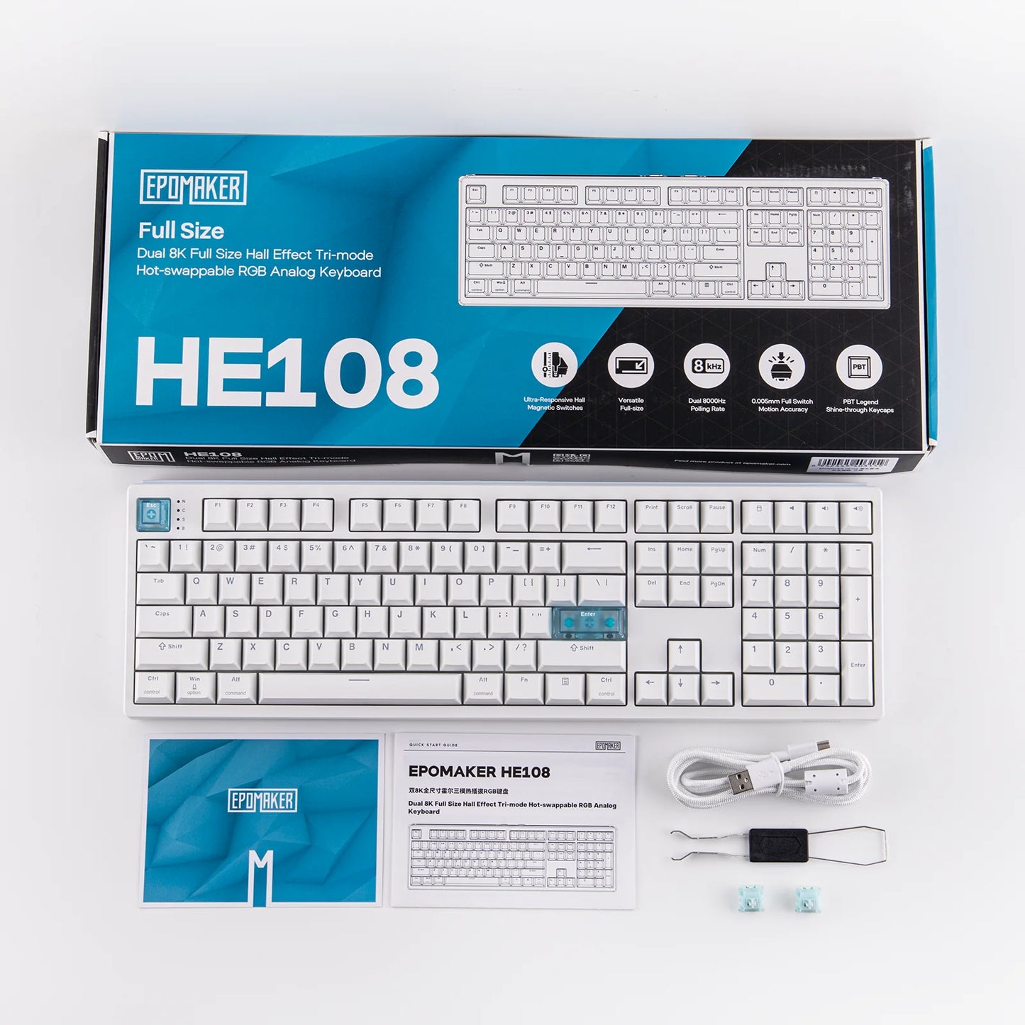 EPOMAKER HE108 Full Sized ANSI US QWERTY Layout Tri-mode Wireless Hall Effect Gaming Keyboard 128K Scan Rate & 10000mAh Battery