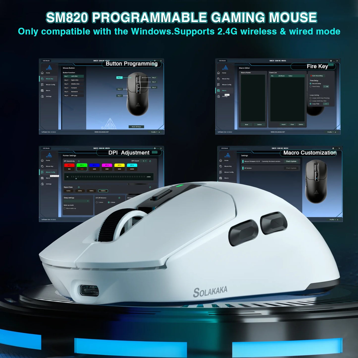 Rato Gaming Sem Fios SOLAKAKA SM820 Tri-mode Ultra-Leve, Dock Magnético Recarregável, RGB, PAW3311, 24000DPI, Macro Sem Fios