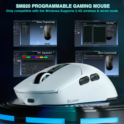Rato Gaming Sem Fios SOLAKAKA SM820 Tri-mode Ultra-Leve, Dock Magnético Recarregável, RGB, PAW3311, 24000DPI, Macro Sem Fios