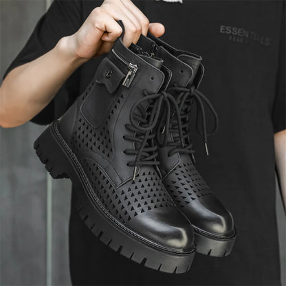 Non-Slip Men's High Top Casual Leather Shoes Street Style Motorcycle Boots New Stylish Ankle Boots Thick Bottom Walking Footwear