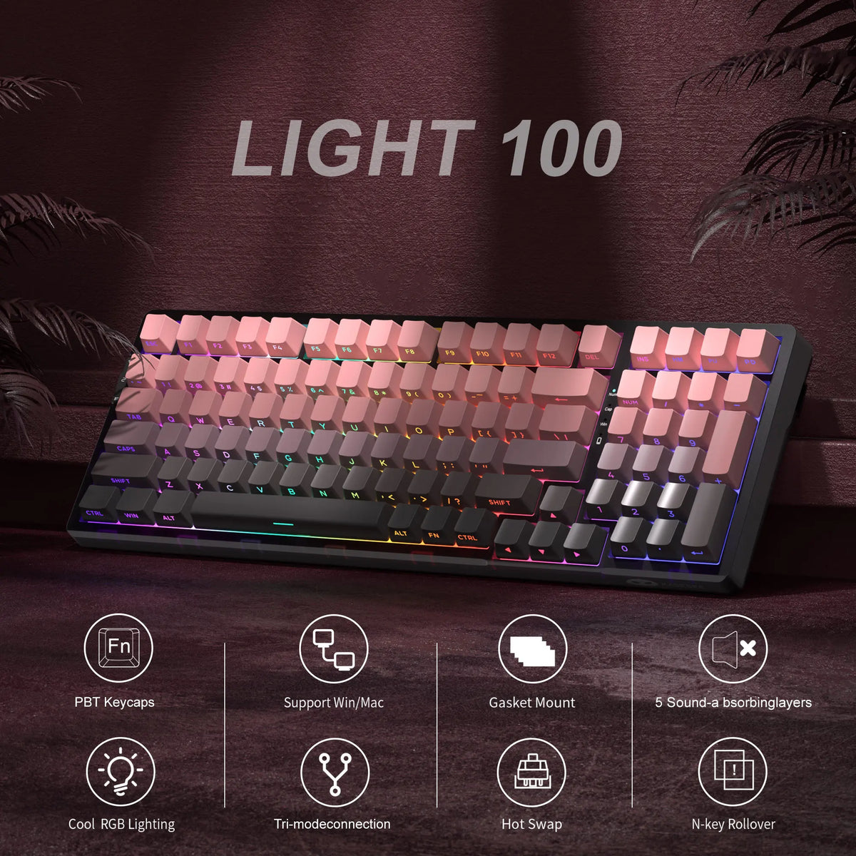 MageGee Light100 Wireless Mechanical Keyboard Side-Printed Hot-Swappable Tri-mode 2.4G/USB/BT RGB Gasket Creamy Gaming Keyboard