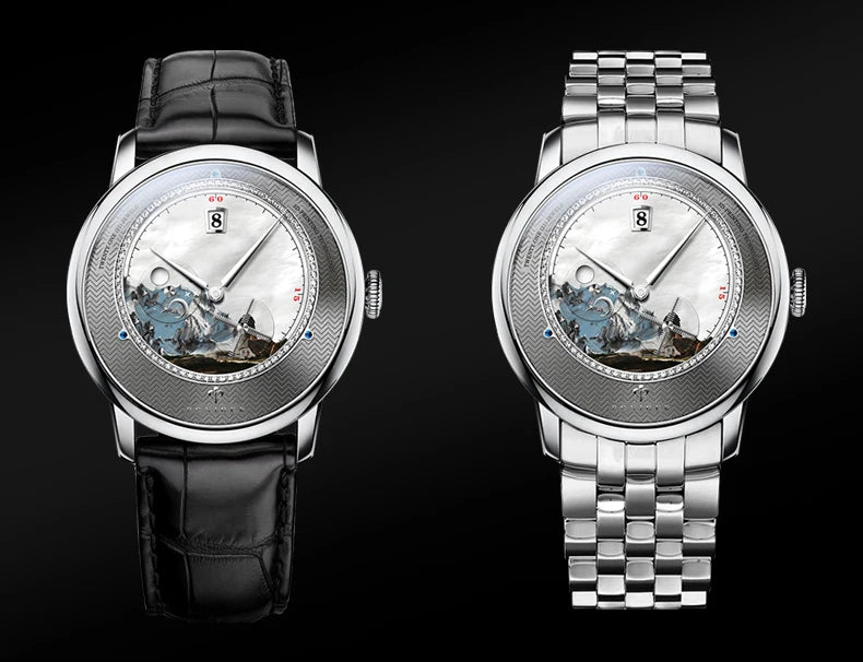 PONIGER Sapphire Crystal Glass Wrist Watch Painting Dial Man Leather Automatic Wristwatch MIYOTA 8219