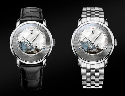 PONIGER Sapphire Crystal Glass Wrist Watch Painting Dial Man Leather Automatic Wristwatch MIYOTA 8219