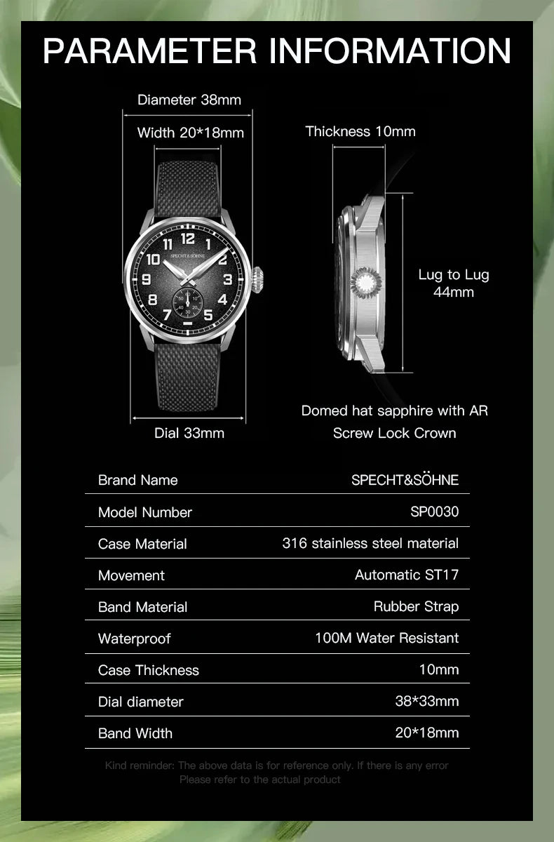 Specht & Söhne New Automatic Mechanical Wristwatches For Men Japan C3 Luminous Sapphire Crystal Sports Watch ﻿5Bar Waterproof