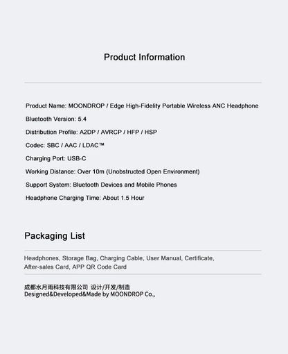 MOONDROP EDGE High-Fidelity Wireless ANC Headphones Bluetooth 5.4 LDAC Noise Cancelling Headset