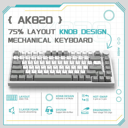 AJAZZ AK820 Wired Mechanical Keyboard Full-Key Hot-Swap Keyboard with Removable USB Port, White & Ice Blue Backlit Gaming Keyboard for PC