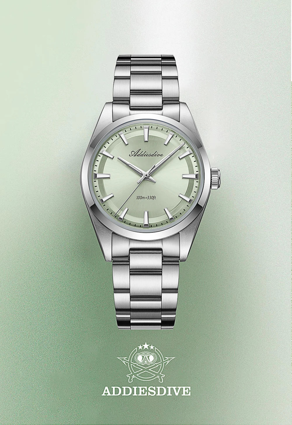 ADDIESDIVE herenhorloge van staal, luxe uitvoering, voorzien van een gewelfd glas, een quartz uurwerk en een blauwe lichtgevende coating BGW9; waterdicht tot 100 ATM, analoge weergave – Model AD2066