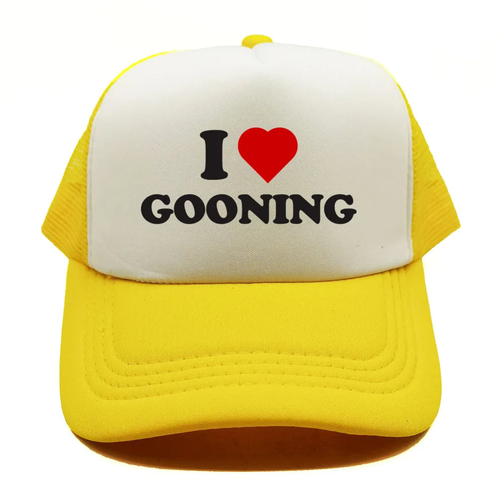Sjove „I Love Gooning“-baseballkasketter – Cool sommerhat til mænd i netstof – Humoristisk truckerkasket – Unisex udendørs kasketter i netstof – MZ-080