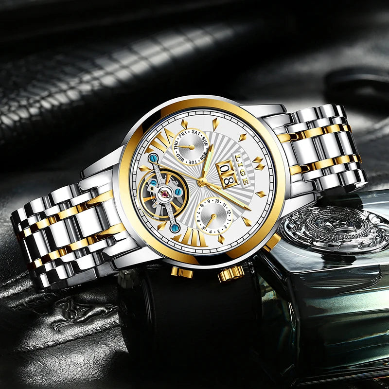 Pánské mechanické náramkové hodinky s automatickým nátahem LIGE – luxusní hodinky nejvyšší třídy s tourbillonem, elegantní a vodotěsný model, ideální pro práci i formální příležitosti.