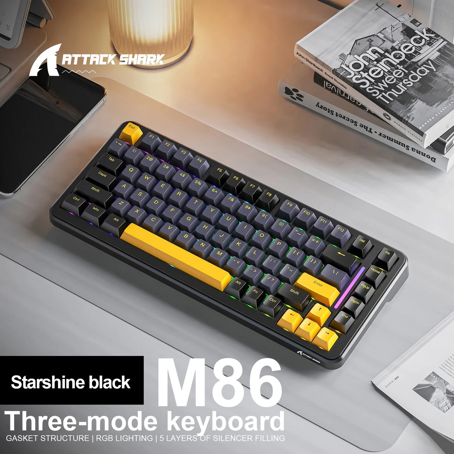 ATTACK SHARK M86 Wireless Mechanical Keyboard 75% Tri-Mode RGB Hot-Swappable Mechanical Keyboard with Side-Printed PBT Keycaps & 4000mAh Battery