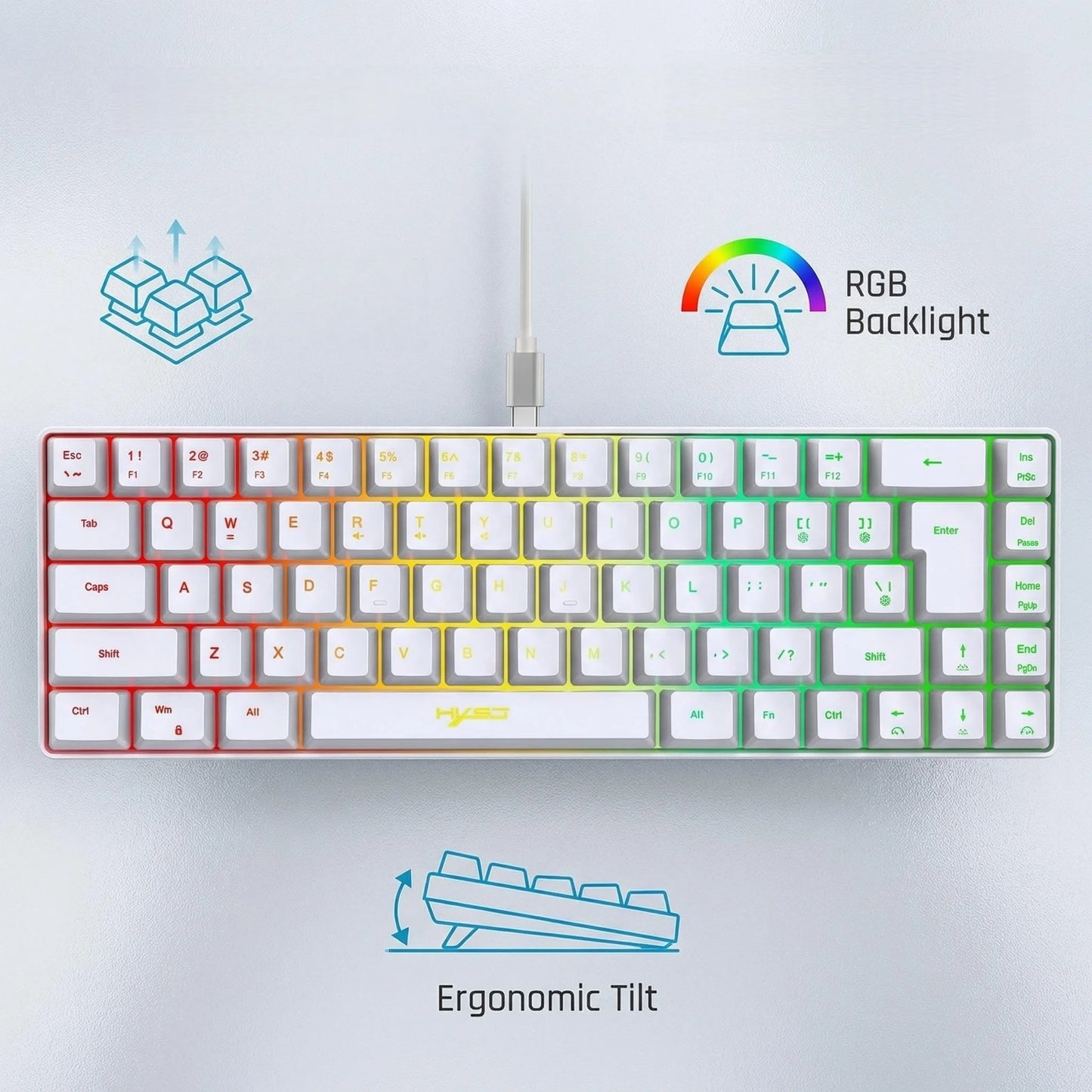 Ultra-Compact 65% Size Gaming Membrane Keyboard, Ergonomic RGB Backlit, Portable 68-Key Wired Office Keyboard with USB Plug-in,