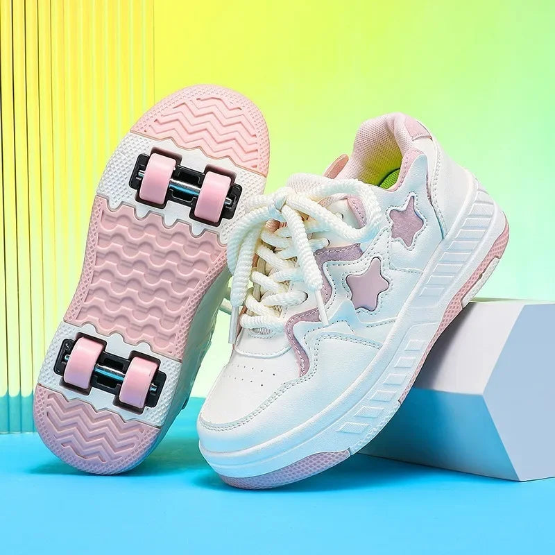 Chaussures de roller pour enfants - Roues rechargeables, couleurs tendance, finition brillante, pour les anniversaires, pour garçons et filles, chaussures décontractées deux-en-un