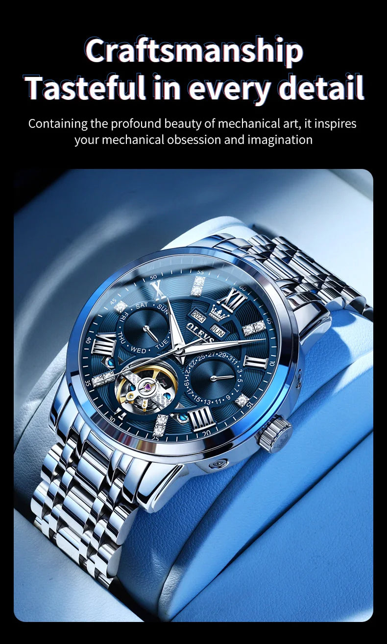OLEVS Men's Watches Skeketon Flywheel Automatic Mechanical Original Wristwatch for Man Waterproof Luminous Perpetual Calendar