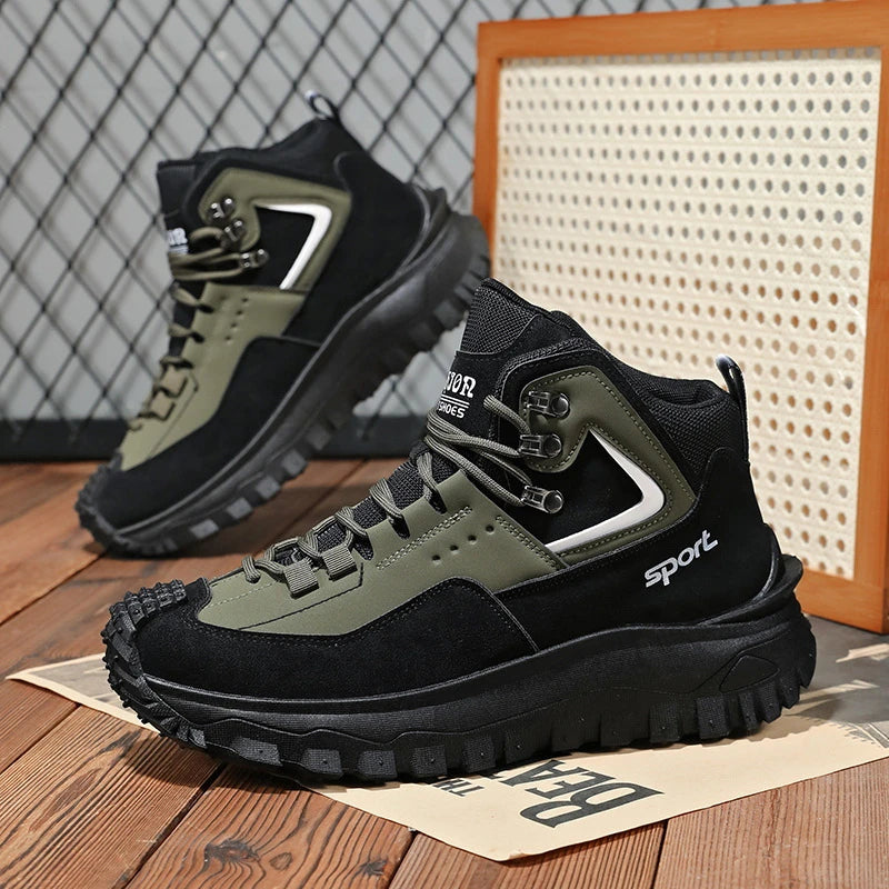 Black And Tan Mid Top Hiking Boots Suede And Leather Platform Sneakers Non Slip Outdoor Casual Shoes With Rugged Sole For All