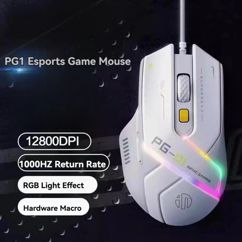 Inphic PG1 Wired Gaming Mouse RGB 12800 DPI Programmable Gaming Mouse with 6 Macro Buttons, 1000Hz Polling Rate USB Computer Mouse