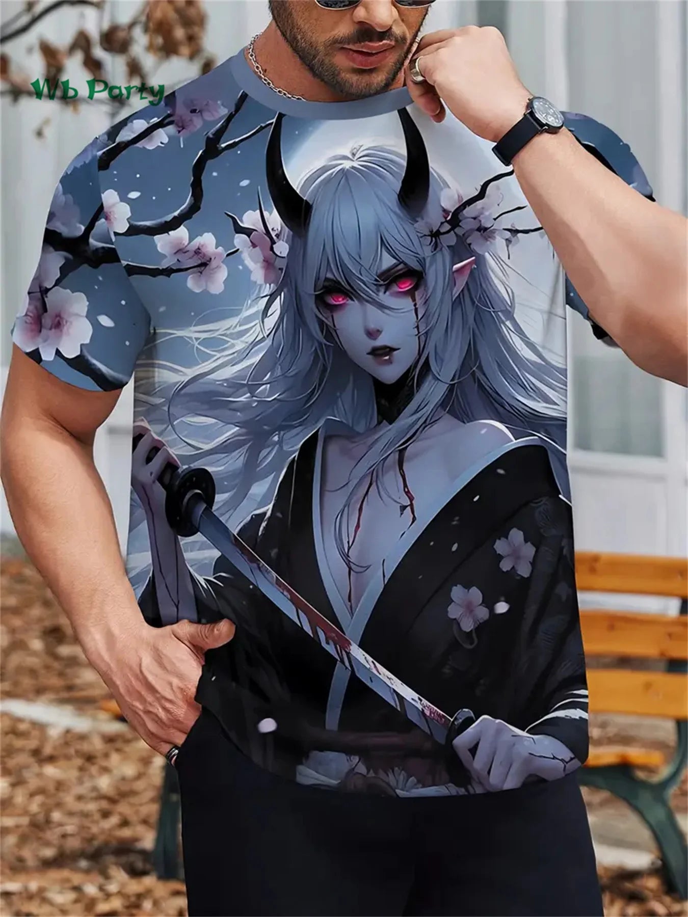 Sakura Samurai Pattern Men's T-Shirt Japanese Anime Short Sleeve T-Shirt Harajuku Tops Summer Men's Oversized Casual Clothing