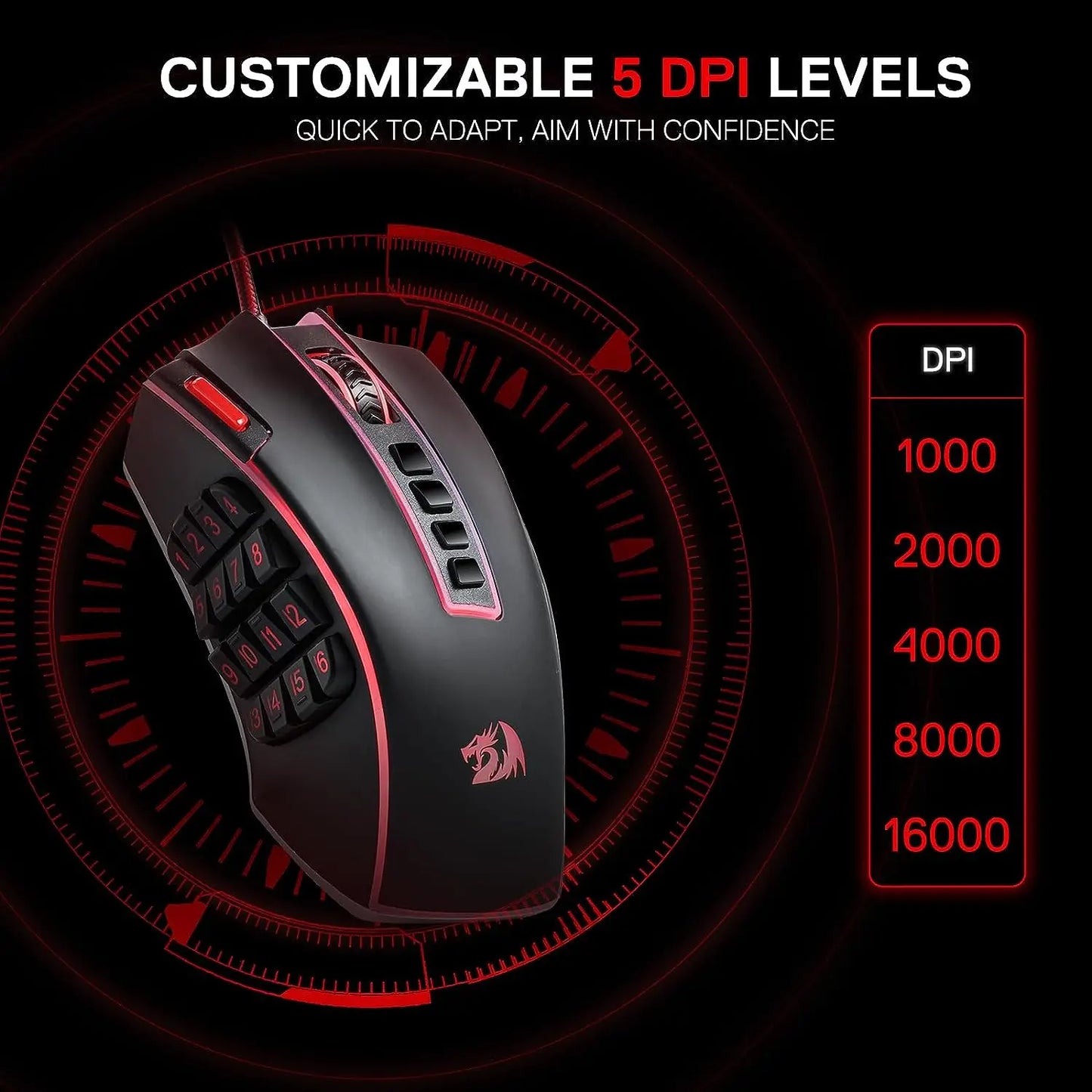 Herná myš Redragon M990 MMO, 32000 DPI, vysoko presná káblová RGB myš pre hráčov s 23 programovateľnými tlačidlami, 16 bočnými makro klávesmi