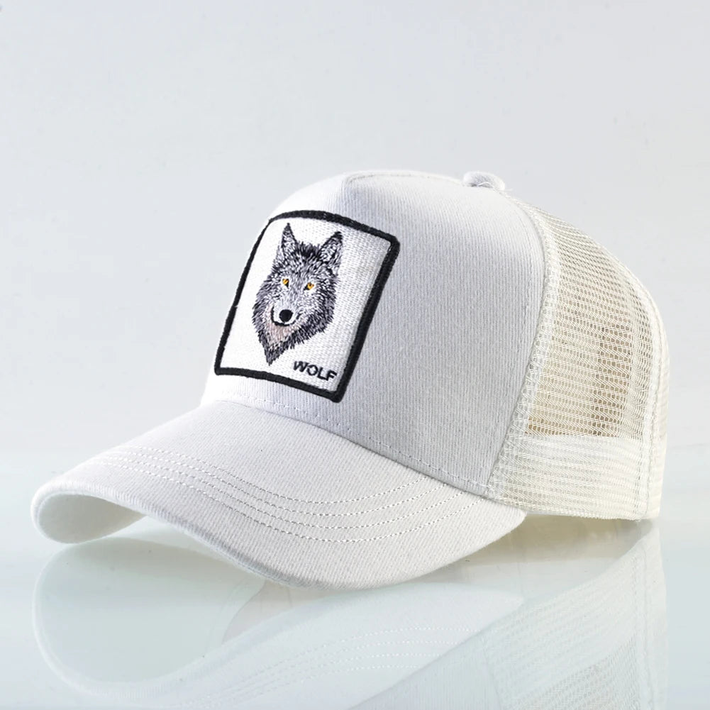 Cappellino da baseball da uomo K Snapback Trucker in rete traspirante per donna, cappellino da baseball casual da esterno con toppa ricamata raffigurante un lupo