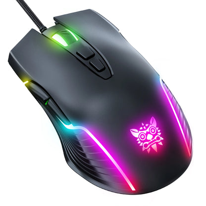 ONIKUMA káblová herná myš, 6 nastaviteľných úrovní, 6400 DPI, 7 programovateľných tlačidiel, 7 režimov RGB osvetlenia, ergonomická myš pre PC hráčov