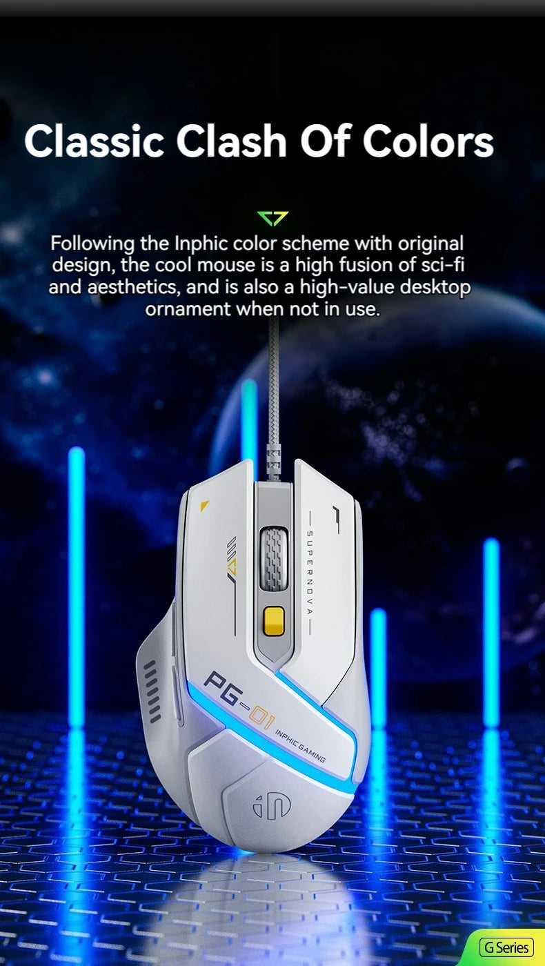 Inphic PG1 Wired Gaming Mouse RGB 12800 DPI Programmable Gaming Mouse with 6 Macro Buttons, 1000Hz Polling Rate USB Computer Mouse