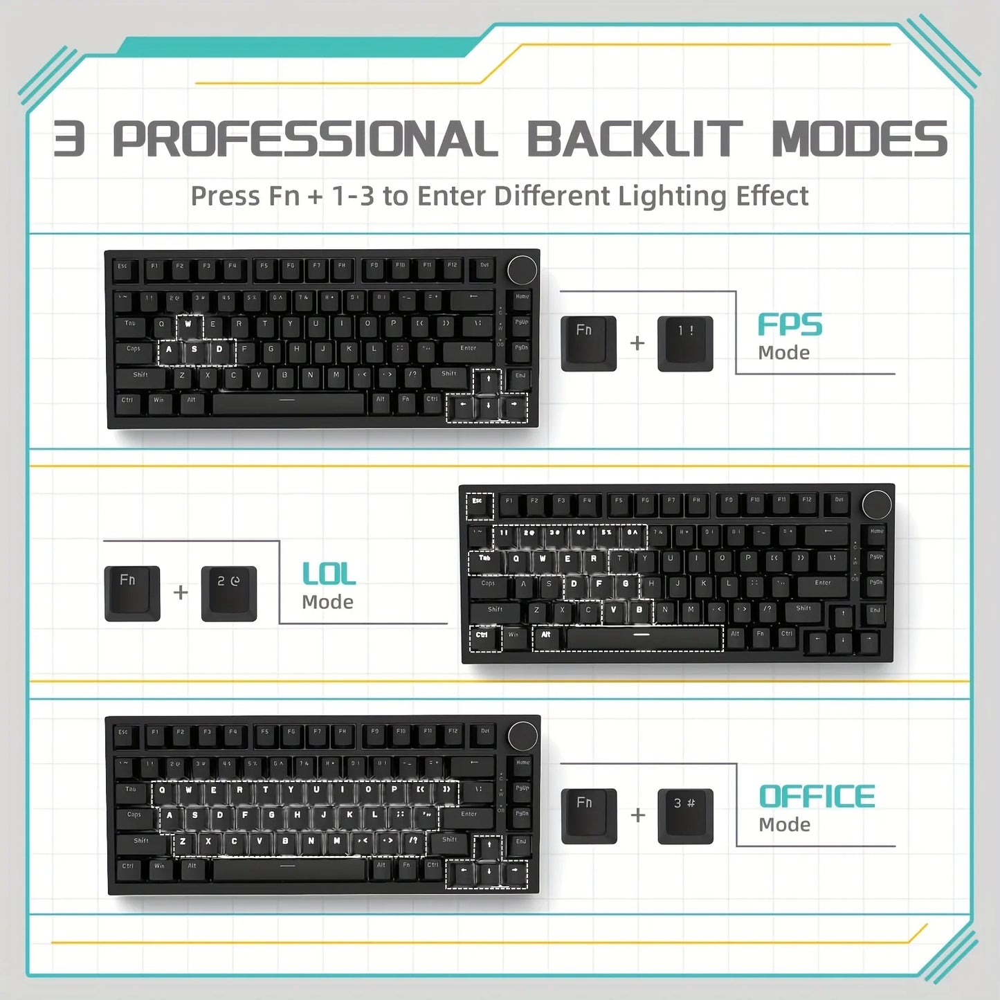 AJAZZ AK820 Mechanical Keyboard Hot-Swappable 82-Key Wired Keyboard with Rotary Volume Knob for Office, Gaming & Home