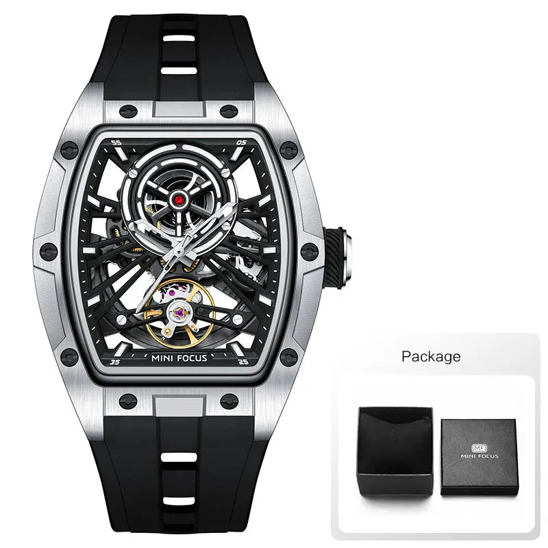 MINI FOCUS Men's Wristwatch Fashion Black Waterproof Automatic Mechanical Watch with Luminous Hands Silicone Strap Tonneau Dial