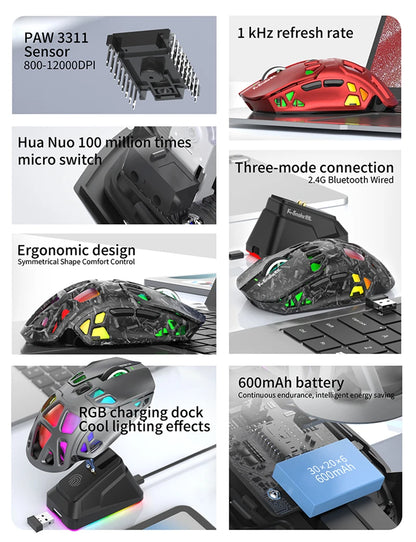 Lenovo X9Pro Tri-Mode Wireless Mouse with Bluetooth, 2.4G & Wired Connectivity, Magnetic Charging Dock, Rechargeable Gaming & Office Mouse