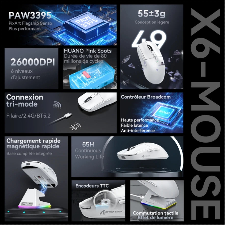 Attack Shark X6 Wireless Ergonomic Gaming Mouse, Tri-Mode Bluetooth, 2.4G & Wired Gaming Mouse, 26000 DPI Rechargeable RGB Gaming Mouse