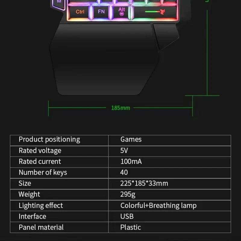 Teclado mini gaming de una mano con 35 teclas, USB, ultradelgado, con cable y retroiluminación, para portátil, PC de sobremesa y smartphone