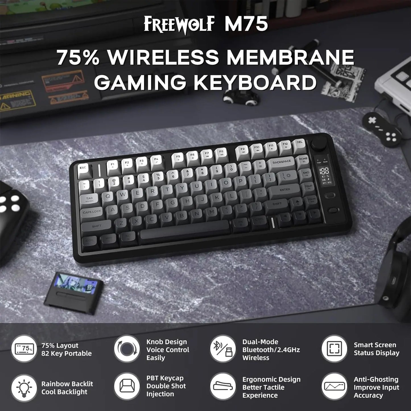 ATTACK SHARK M75 Wireless Membrane Gaming Keyboard with OLED Display, Bluetooth & 2.4GHz Tri-Mode, RGB Backlit PBT Keycaps, Multifunction Knob