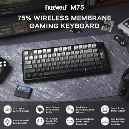 ATTACK SHARK M75 Wireless Membrane Gaming Keyboard with OLED Display, Bluetooth & 2.4GHz Tri-Mode, RGB Backlit PBT Keycaps, Multifunction Knob